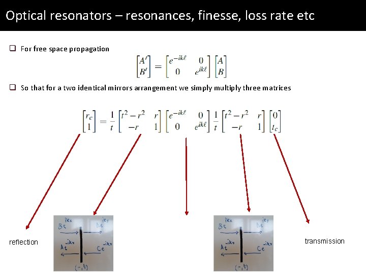 Optical resonators – resonances, finesse, loss rate etc q For free space propagation q