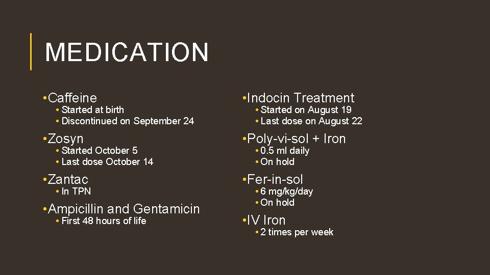 MEDICATION • Caffeine • Indocin Treatment • Zosyn • Poly-vi-sol + Iron • Zantac