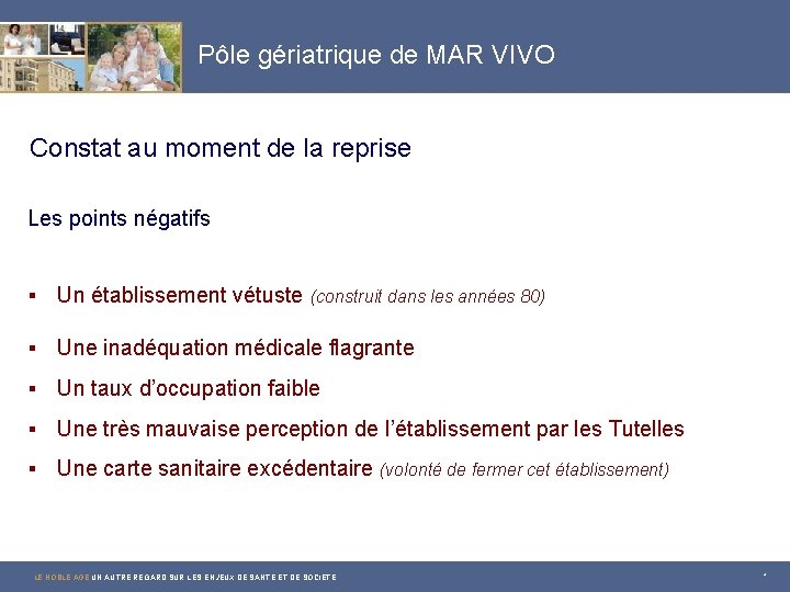 Pôle gériatrique de MAR VIVO Constat au moment de la reprise Les points négatifs