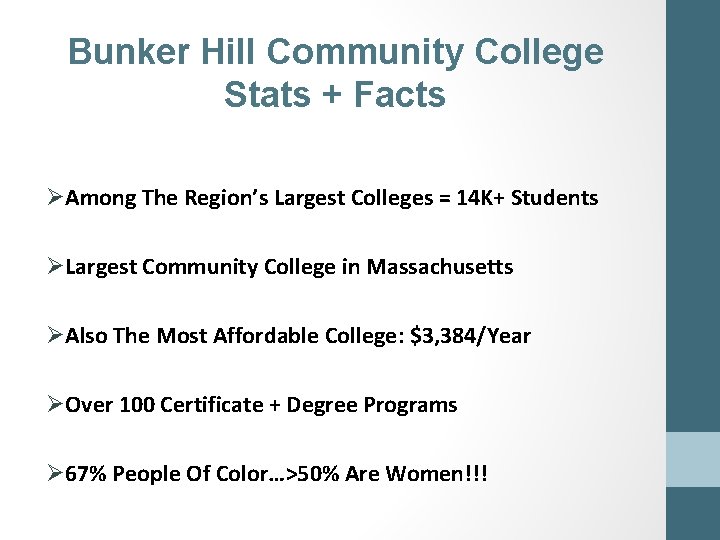 Bunker Hill Community College Stats + Facts ØAmong The Region’s Largest Colleges = 14