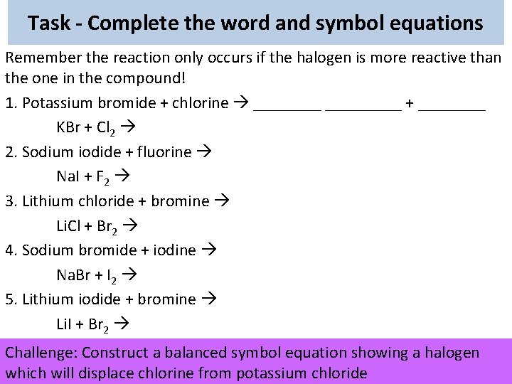 Task - Complete the word and symbol equations Remember the reaction only occurs if