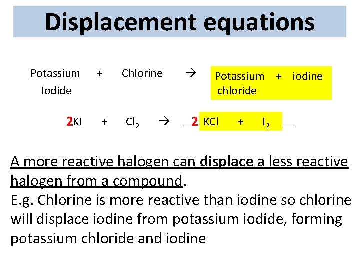 Displacement equations Potassium Iodide 2 KI + + Chlorine Cl 2 _______ + +