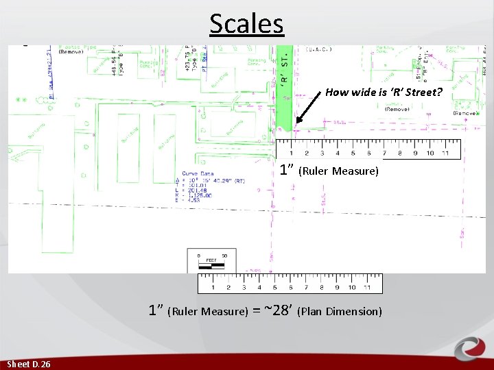 Scales How wide is ‘R’ Street? 1” (Ruler Measure) = ~28’ (Plan Dimension) Sheet Scales How wide is ‘R’ Street? 1” (Ruler Measure) = ~28’ (Plan Dimension) Sheet
