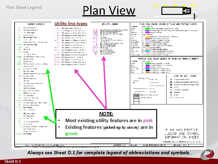 Plan Sheet Legend Plan View Utility line types NOTE: • Most existing utility features Plan Sheet Legend Plan View Utility line types NOTE: • Most existing utility features