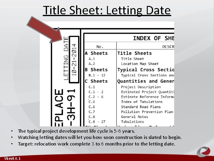 Title Sheet: Letting Date • The typical project development life cycle is 5 -6 Title Sheet: Letting Date • The typical project development life cycle is 5 -6