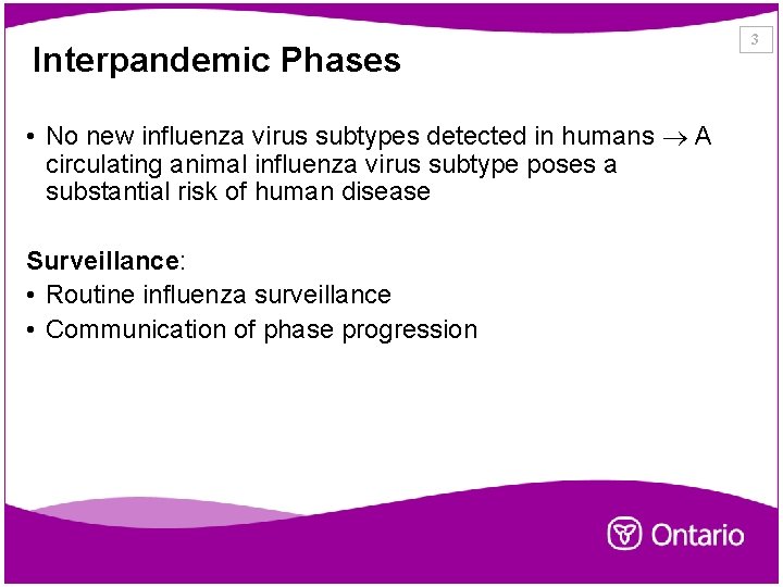 Interpandemic Phases • No new influenza virus subtypes detected in humans A circulating animal