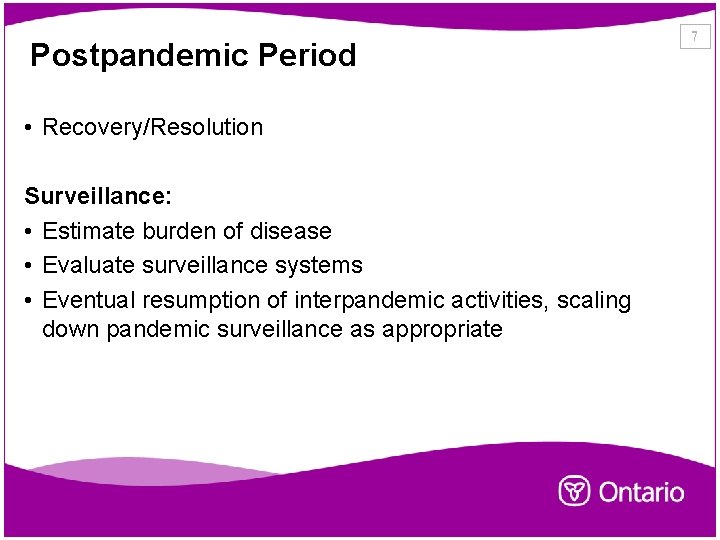 Postpandemic Period • Recovery/Resolution Surveillance: • Estimate burden of disease • Evaluate surveillance systems