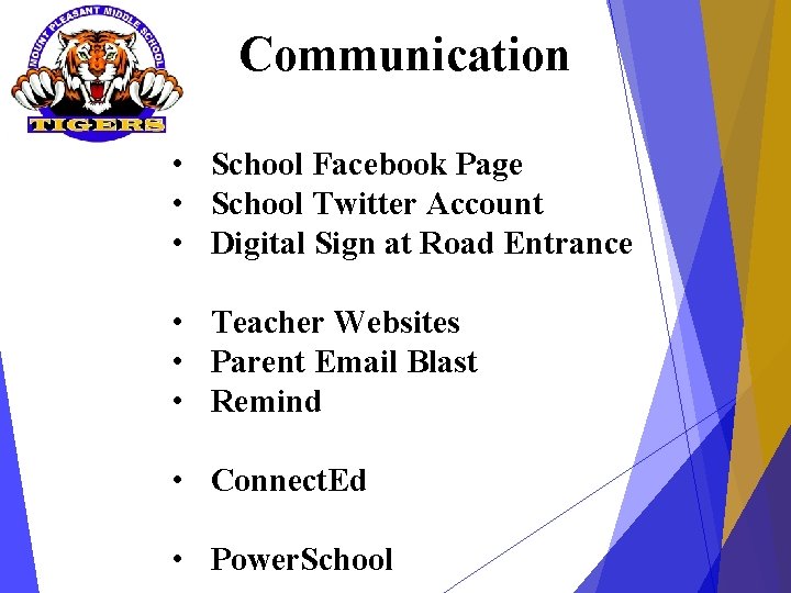 Communication • School Facebook Page • School Twitter Account • Digital Sign at Road