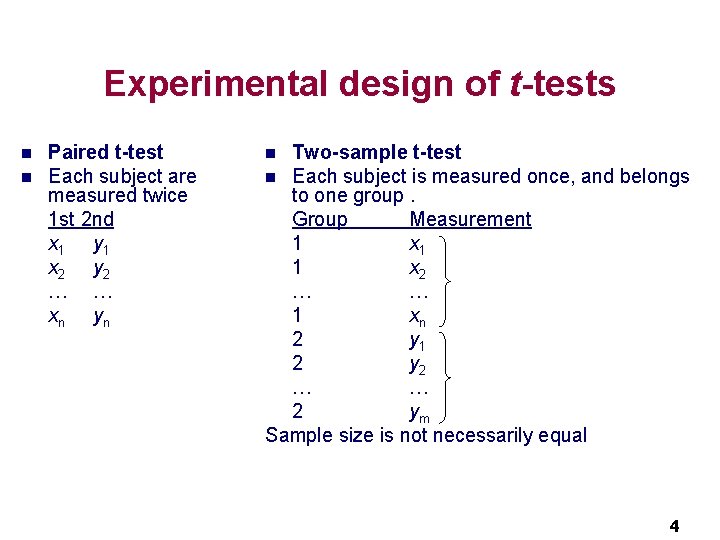 Experimental design of t-tests n n Paired t-test Each subject are measured twice 1