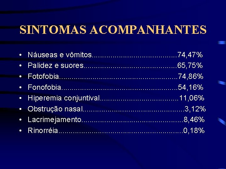 SINTOMAS ACOMPANHANTES • • Náuseas e vômitos. . . . . 74, 47% Palidez