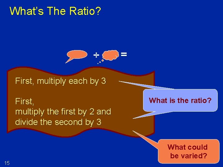 What’s The Ratio? ÷ = First, multiply each by 3 First, multiply the first