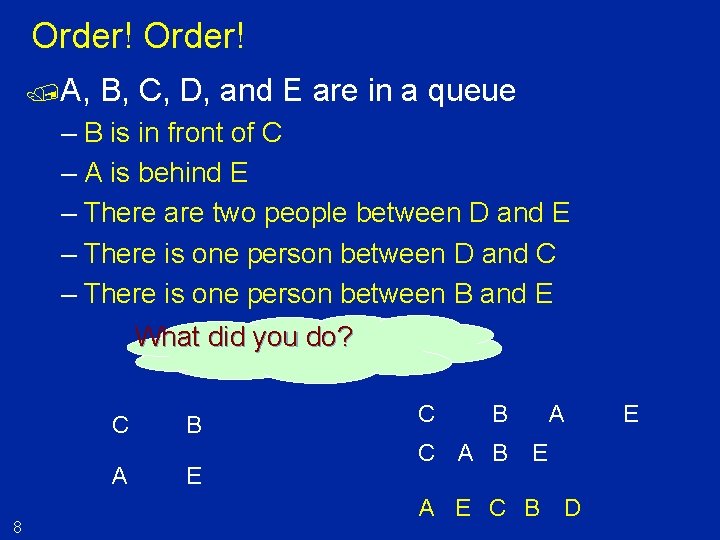 Order! /A, B, C, D, and E are in a queue – B is