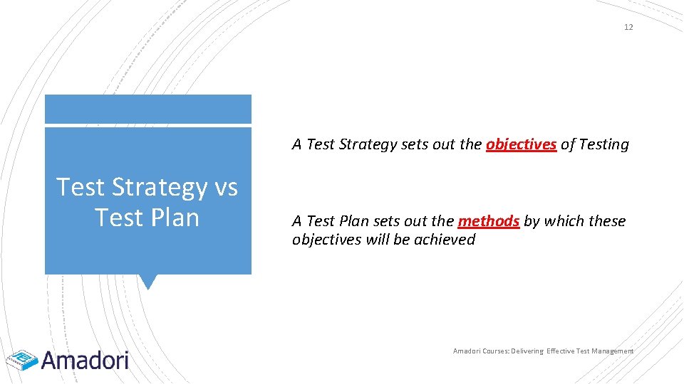 12 A Test Strategy sets out the objectives of Testing Test Strategy vs Test