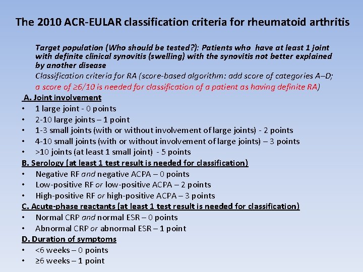 The 2010 ACR-EULAR classification criteria for rheumatoid arthritis Target population (Who should be tested?