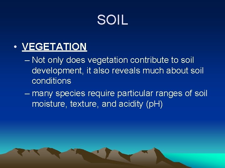 SOIL • VEGETATION – Not only does vegetation contribute to soil development, it also
