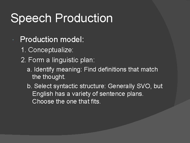 Speech Production model: 1. Conceptualize: 2. Form a linguistic plan: a. Identify meaning: Find