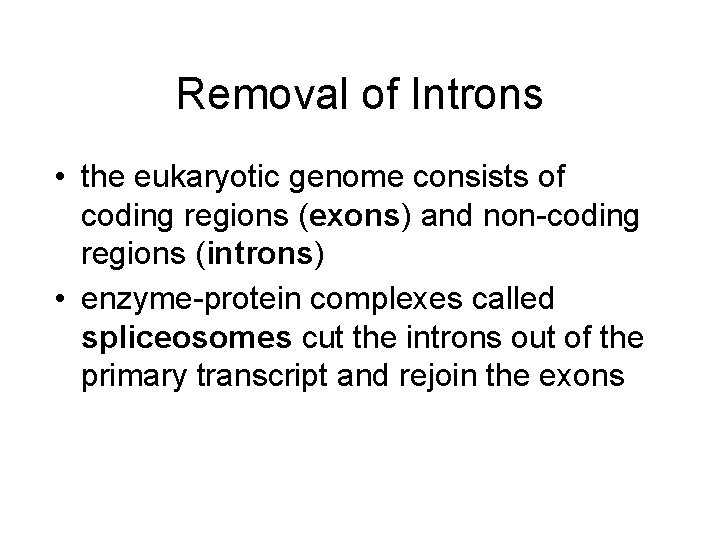 Removal of Introns • the eukaryotic genome consists of coding regions (exons) and non-coding