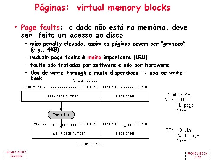 Páginas: virtual memory blocks • Page faults: o dado não está na memória, deve