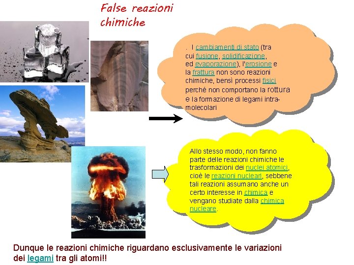 False reazioni chimiche. I cambiamenti di stato (tra cui fusione, solidificazione, ed evaporazione), l'erosione