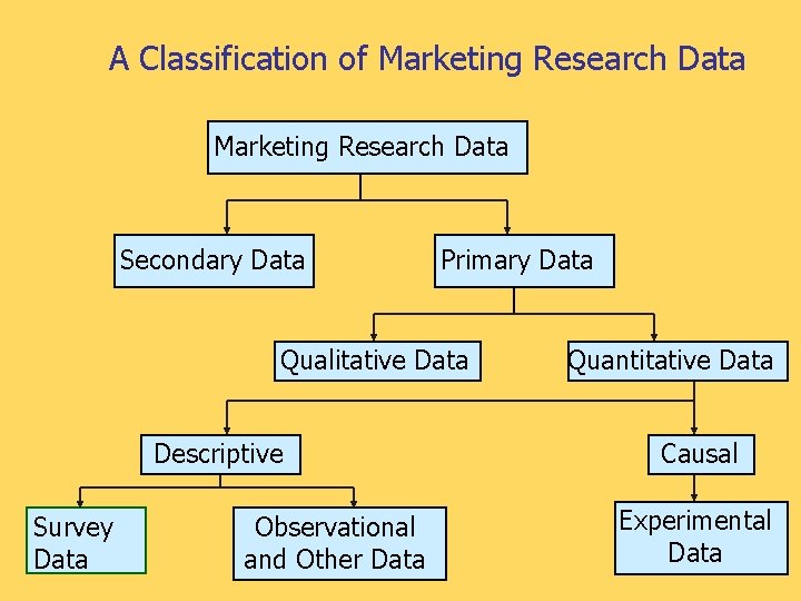 A Classification of Marketing Research Data Secondary Data Primary Data Qualitative Data Descriptive Survey