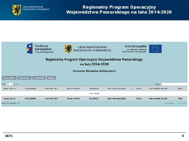 Regionalny Program Operacyjny Województwa Pomorskiego na lata 2014 -2020 DEFS 6 