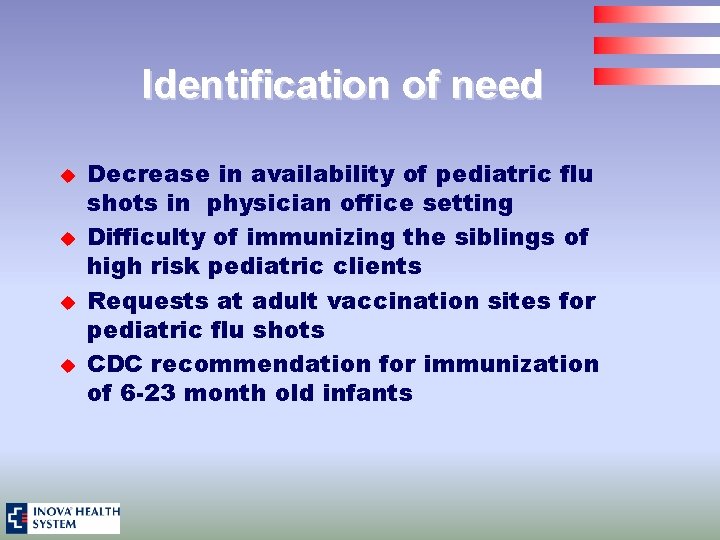 Identification of need u u Decrease in availability of pediatric flu shots in physician