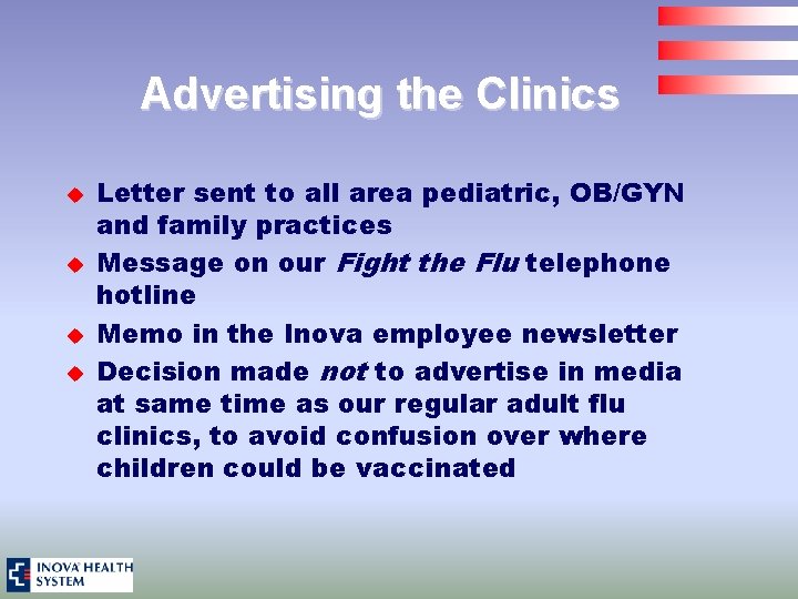 Advertising the Clinics u u Letter sent to all area pediatric, OB/GYN and family