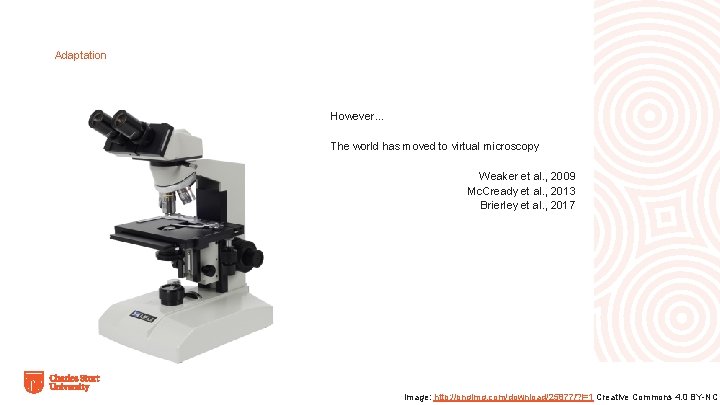 Adaptation However… The world has moved to virtual microscopy Weaker et al. , 2009