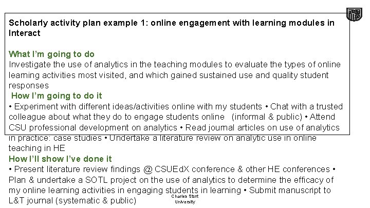 Scholarly activity plan example 1: online engagement with learning modules in Interact What I’m