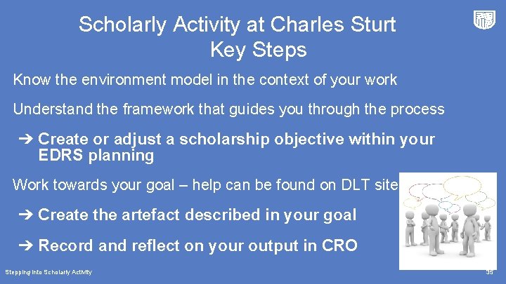 Scholarly Activity at Charles Sturt Key Steps Know the environment model in the context