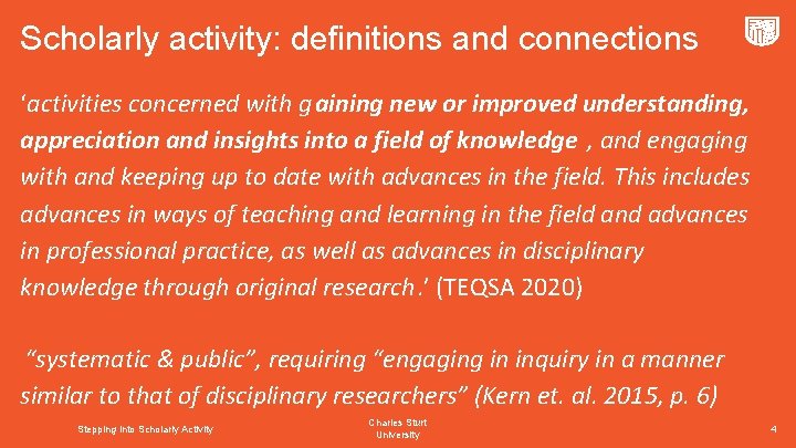 Scholarly activity: definitions and connections ‘activities concerned with gaining new or improved understanding, appreciation