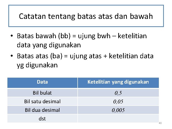 Catatan tentang batas dan bawah • Batas bawah (bb) = ujung bwh – ketelitian