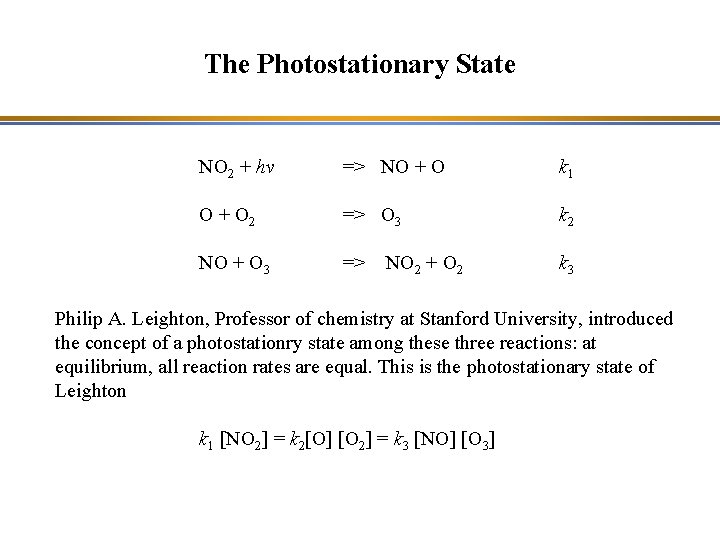 The Photostationary State NO 2 + hv => NO + O k 1 O