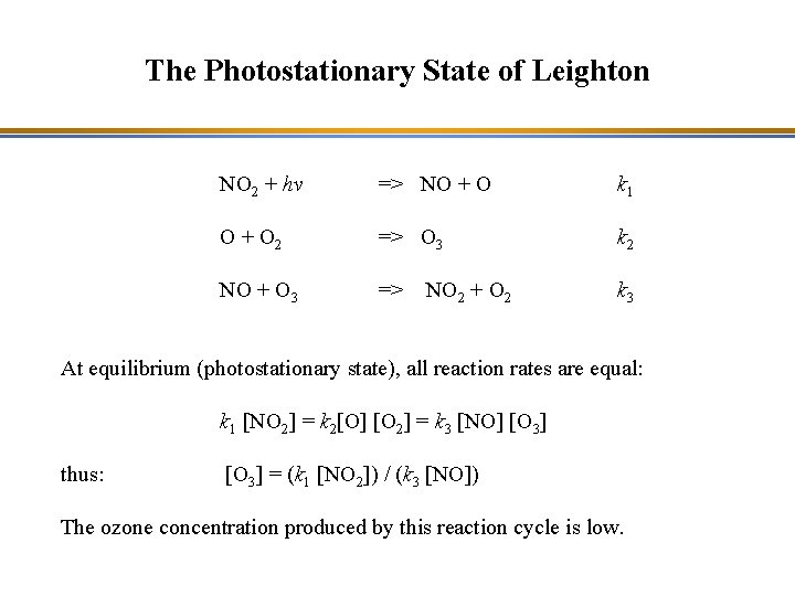 The Photostationary State of Leighton NO 2 + hv => NO + O k