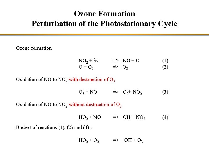 Ozone Formation Perturbation of the Photostationary Cycle Ozone formation NO 2 + hv O