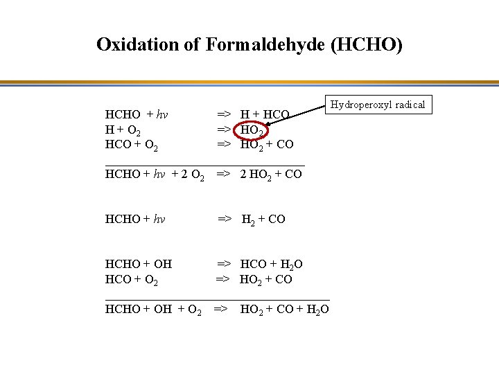 Oxidation of Formaldehyde (HCHO) HCHO + hv => H + HCO H + O