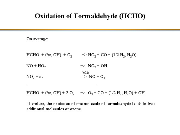 Oxidation of Formaldehyde (HCHO) On average: HCHO + (hv, OH) + O 2 =>