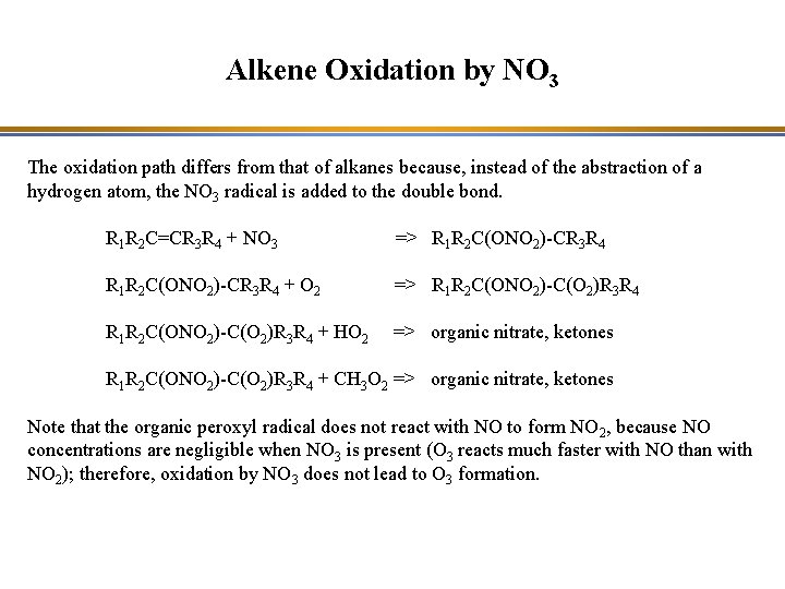 Alkene Oxidation by NO 3 The oxidation path differs from that of alkanes because,