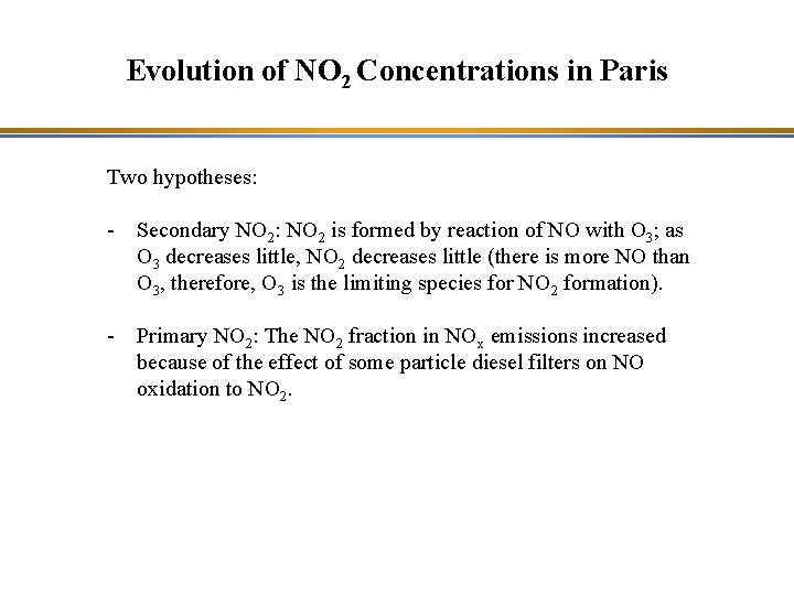 Evolution of NO 2 Concentrations in Paris Two hypotheses: - Secondary NO 2: NO