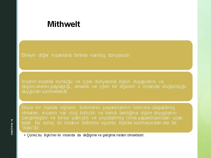 z Mithwelt Bireyin diğer insanlarla birlikte varoluş dünyasıdır. İnsanın insanla kurduğu ve içsel dünyasına