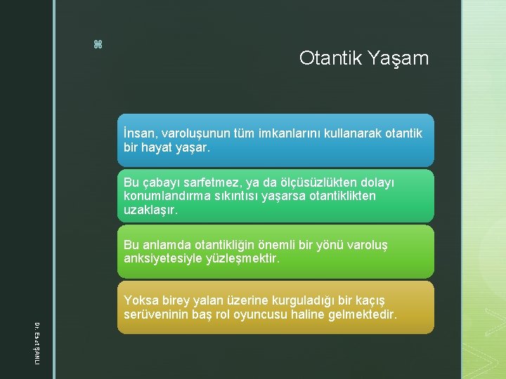 z Otantik Yaşam İnsan, varoluşunun tüm imkanlarını kullanarak otantik bir hayat yaşar. Bu çabayı