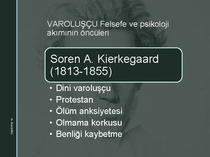 z VAROLUŞÇU Felsefe ve psikoloji akımının öncüleri Soren A. Kierkegaard (1813 -1855) Dr. Esat