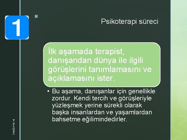 z Psikoterapi süreci İlk aşamada terapist, danışandan dünya ile ilgili görüşlerini tanımlamasını ve açıklamasını