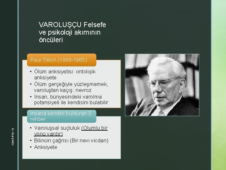 z VAROLUŞÇU Felsefe ve psikoloji akımının öncüleri Paul Tillich (1886 -1965) • Ölüm anksiyetisi: