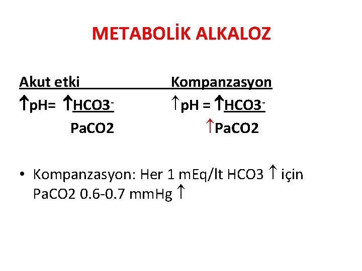 METABOLİK ALKALOZ Akut etki p. H= HCO 3 Pa. CO 2 Kompanzasyon p. H