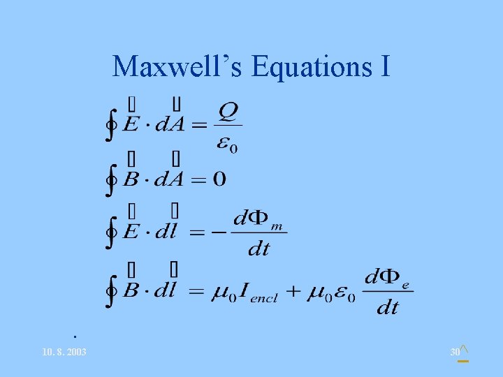 Maxwell’s Equations I • . 10. 8. 2003 ^ 30 