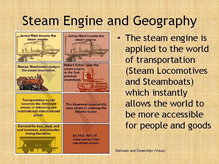 Steam Engine and Geography • The steam engine is applied to the world of