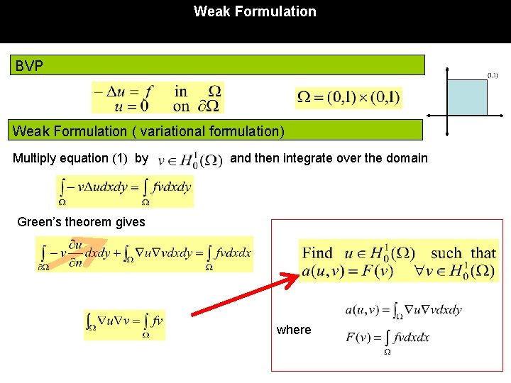 Weak Formulation BVP Weak Formulation ( variational formulation) Multiply equation (1) by and then