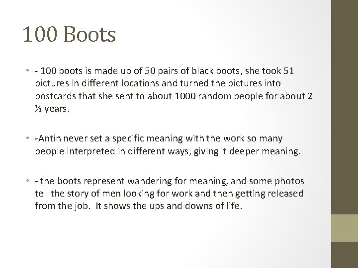 100 Boots • - 100 boots is made up of 50 pairs of black