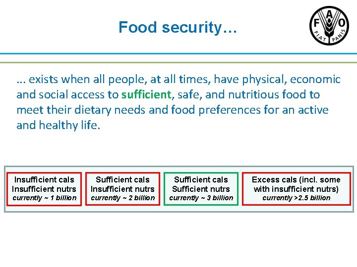 Food security…. . . exists when all people, at all times, have physical, economic